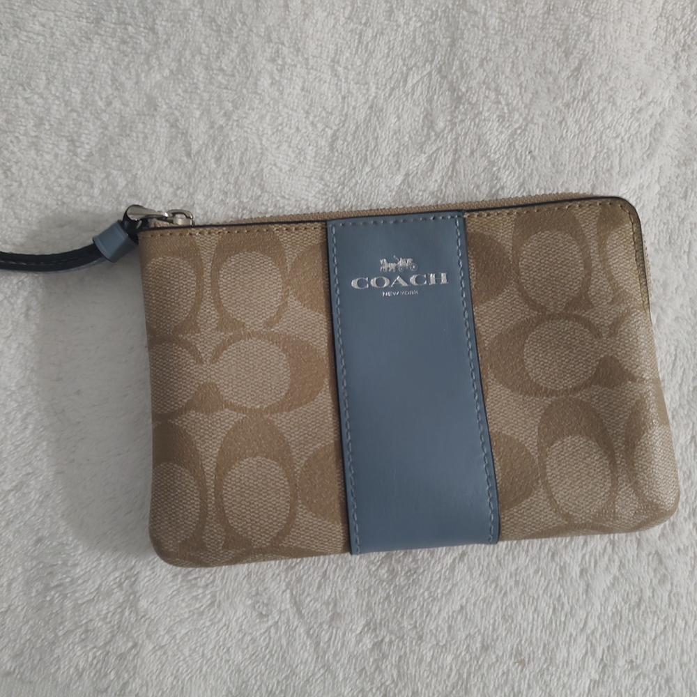 Coach Tan Signature Wristlet with Blue Center Stripe